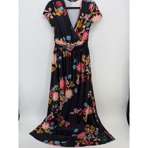 OUGES Women's Small Black Floral Maxi Dress Faux Wrap Short Sleeve Pockets